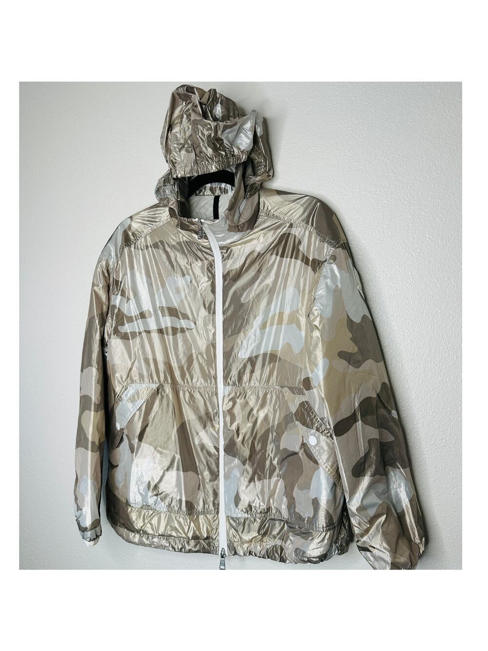 Moncler Menchib Metallic Camo Hooded Jacket Sand Cream Lightweight Zip Coat